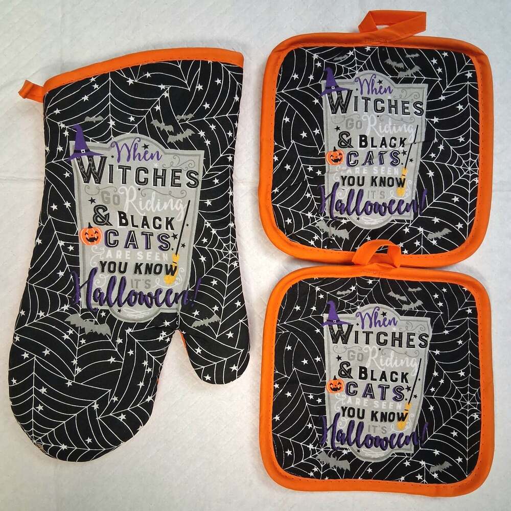 Halloween Oven Mitt and Pot Holder 3-Piece Set When Witches Go Riding Spider Web